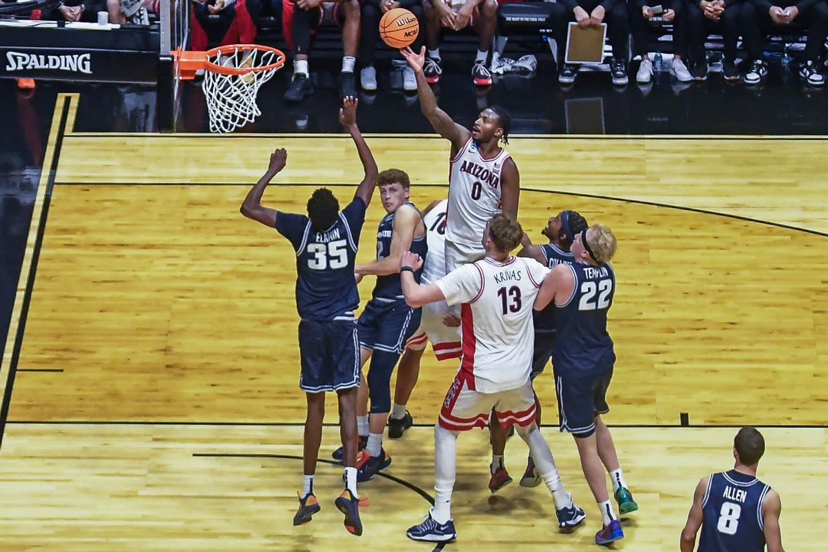 Arizona guard Jaden Bradley (0) shoots a floater during an NCAA East Region second round game against Utah State Sunday March 22, 2026 in San Diego, California. Arizona guard Jaden Bradley (0) shoots a floater during an NCAA East Region second round game against Utah State Sunday March 22, 2026 in San Diego, California.