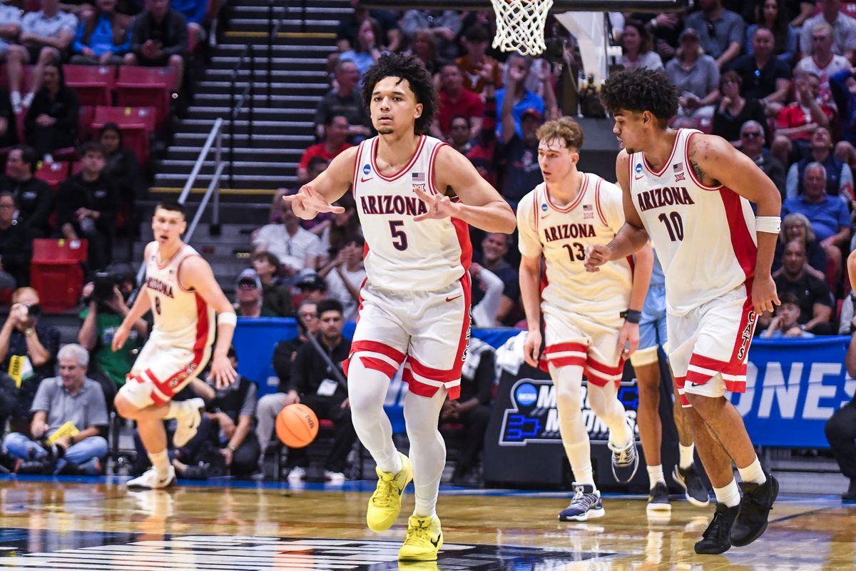 Arizona guard Brayden Burries (5) celebrates making a three point shot during an NCCA March Madness game against LIU Friday March 20, 2026 in San Diego, California. Arizona guard Brayden Burries (5) celebrates making a three point shot during an NCCA March Madness game against LIU Friday March 20, 2026 in San Diego, California.