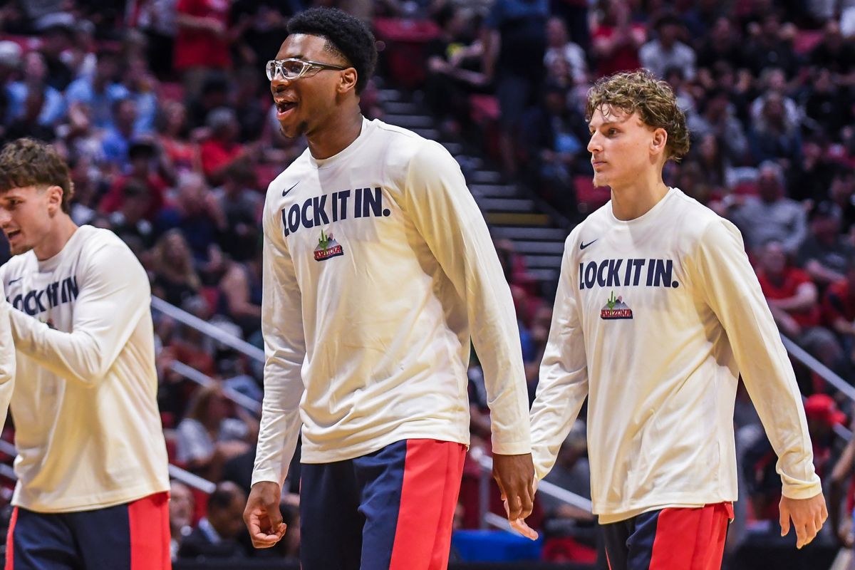 Arizona guard Bryce James (6) reacts during a timeout during an NCCA March Madness game against LIU Friday March 20, 2026 in San Diego, California. Arizona guard Bryce James (6) reacts during a timeout during an NCCA March Madness game against LIU Friday March 20, 2026 in San Diego, California.