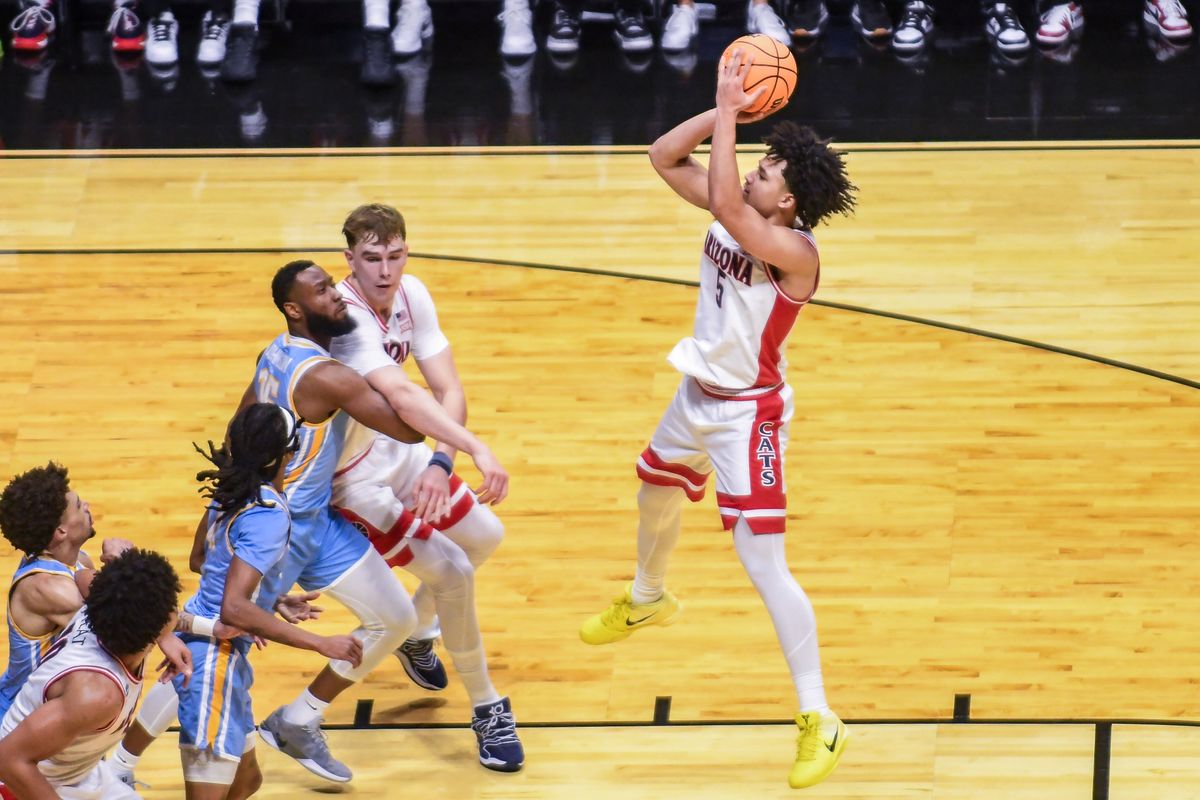 Arizona guard Brayden Burries (5) shoots a jump shot during an NCCA March Madness game against LIU Friday March 20, 2026 in San Diego, California. Arizona guard Brayden Burries (5) shoots a jump shot during an NCCA March Madness game against LIU Friday March 20, 2026 in San Diego, California.