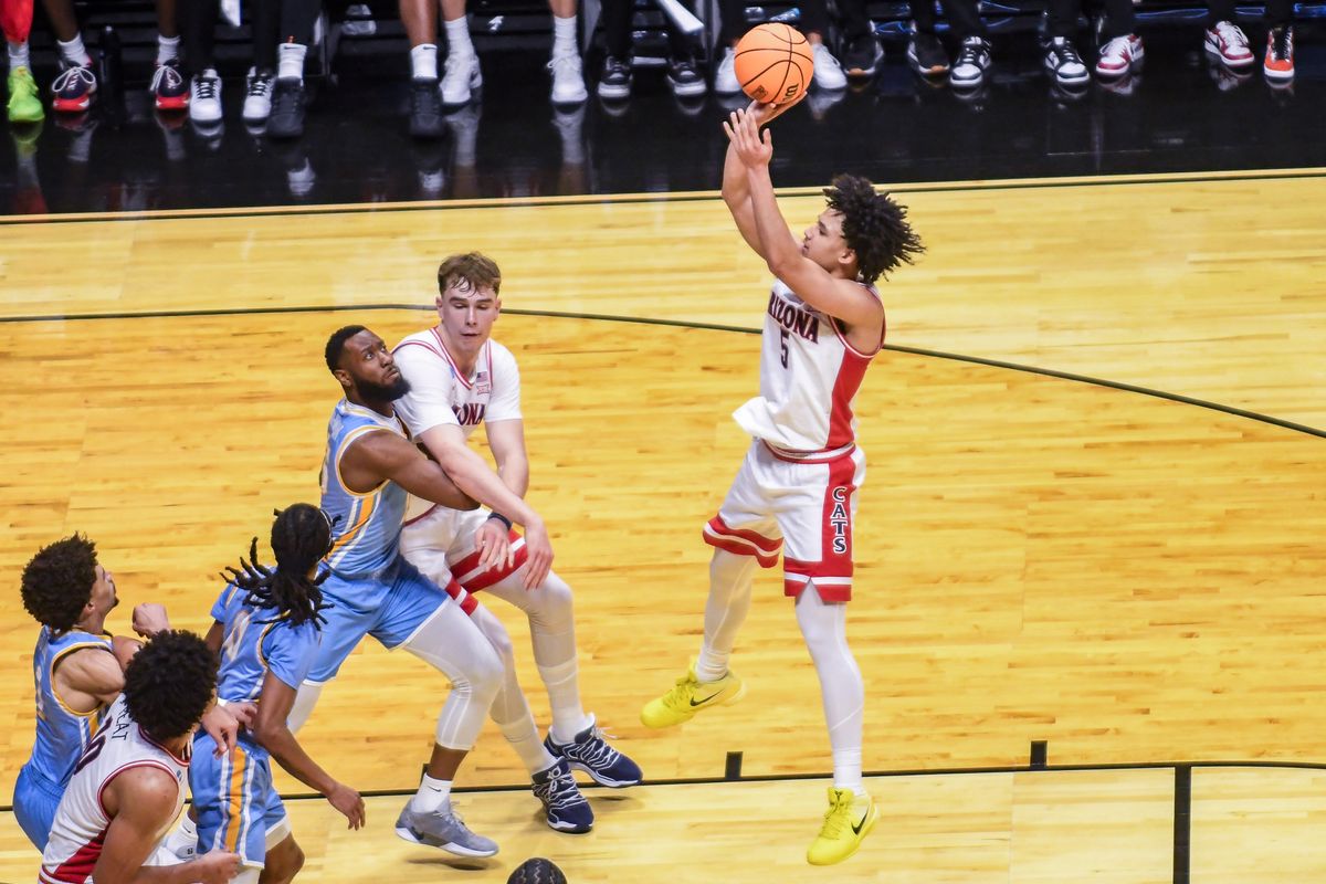 Arizona guard Brayden Burries (5) shoots a jump shot during an NCCA March Madness game against LIU Friday March 20, 2026 in San Diego, California. Arizona guard Brayden Burries (5) shoots a jump shot during an NCCA March Madness game against LIU Friday March 20, 2026 in San Diego, California.