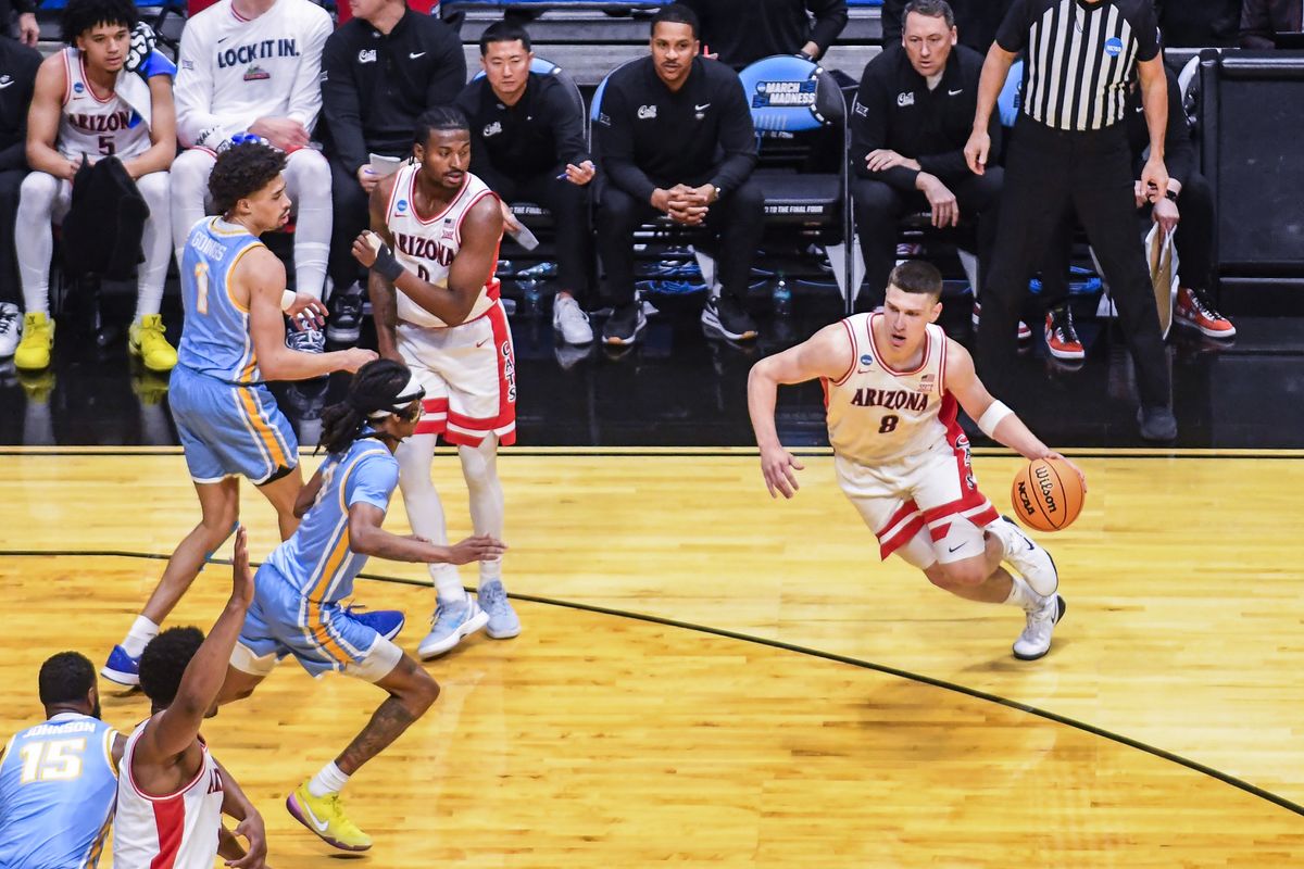 Arizona forward Ivan Kharchenkov (8) drives to the basket during an NCCA March Madness game against LIU Friday March 20, 2026 in San Diego, California. Arizona forward Ivan Kharchenkov (8) drives to the basket during an NCCA March Madness game against LIU Friday March 20, 2026 in San Diego, California.