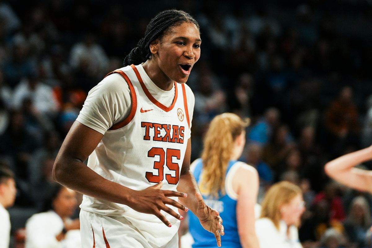 Texas forward Madison Booker (35) celebrates a call during second half of college basketball game against UCLA on Wednesday, Nov. 26, 2025 during the Players Era tournament at Michelob Ultra Arena in Las Vegas. Texas forward Madison Booker (35) celebrates a call during second half of college basketball game against UCLA on Wednesday, Nov. 26, 2025 during the Players Era tournament at Michelob Ultra Arena in Las Vegas.