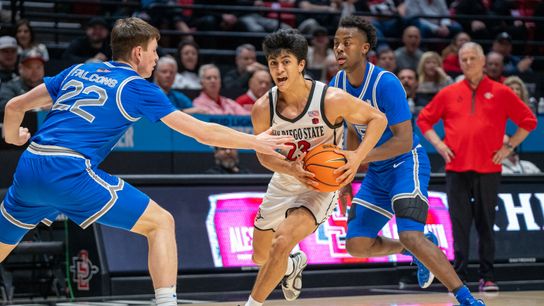 Senior guard Kimo Ferrari (23) drives into the lane during a conference matchup against Air Force, Wednesday, January 8, 2025, in San Diego, CA. Senior guard Kimo Ferrari (23) drives into the lane during a conference matchup against Air Force, Wednesday, January 8, 2025, in San Diego, CA.