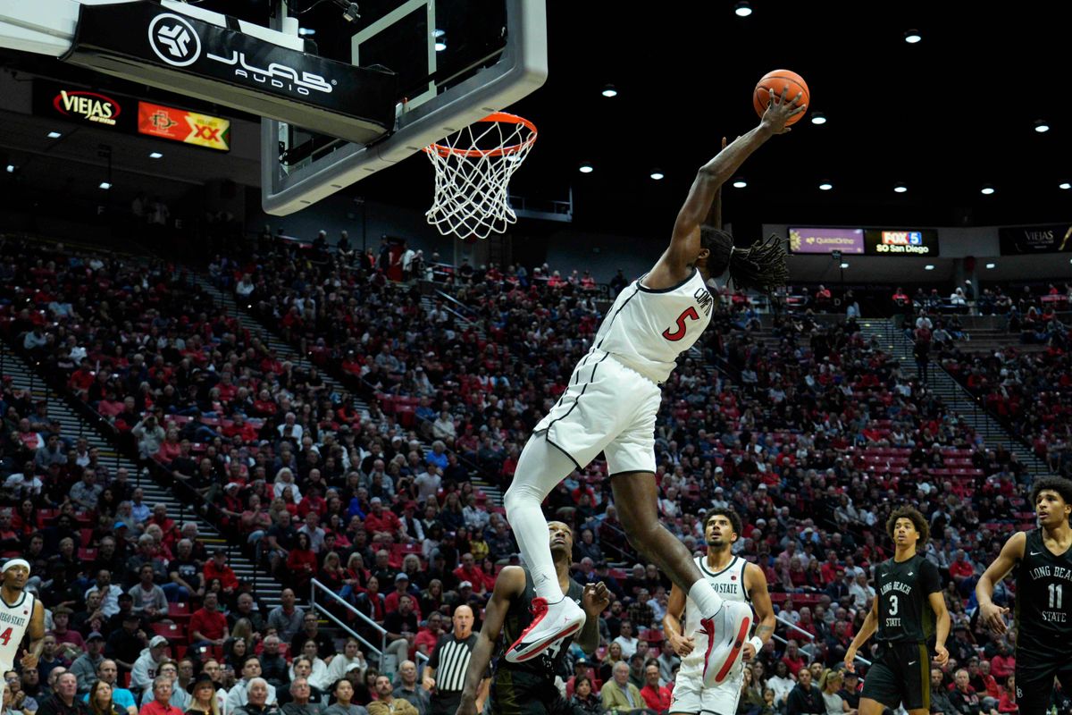 San Diego State forward Pharoah Compton (5) attempts a dunk during an NCAA Basketball game against Long Beach State, Tuesday November 4, 2025 in San Diego, Calif. San Diego State forward Pharoah Compton (5) attempts a dunk during an NCAA Basketball game against Long Beach State, Tuesday November 4, 2025 in San Diego, Calif.