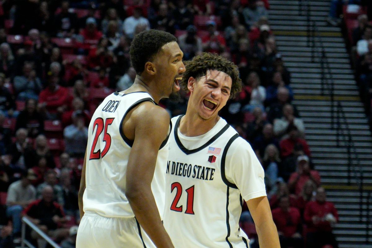 San Diego State forward Jeremiah Oden (25) and guard Miles Byrd (21) celebrate during an NCAA Basketball game against Long Beach State, Tuesday November 4, 2025 in San Diego, Calif. San Diego State forward Jeremiah Oden (25) and guard Miles Byrd (21) celebrate during an NCAA Basketball game against Long Beach State, Tuesday November 4, 2025 in San Diego, Calif.