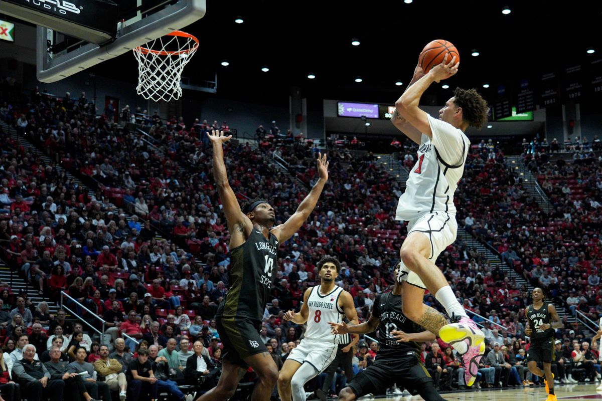 San Diego State guard Miles Byrd (21) shoots during an NCAA Basketball game against Long Beach State, Tuesday November 4, 2025 in San Diego, Calif. San Diego State guard Miles Byrd (21) shoots during an NCAA Basketball game against Long Beach State, Tuesday November 4, 2025 in San Diego, Calif.