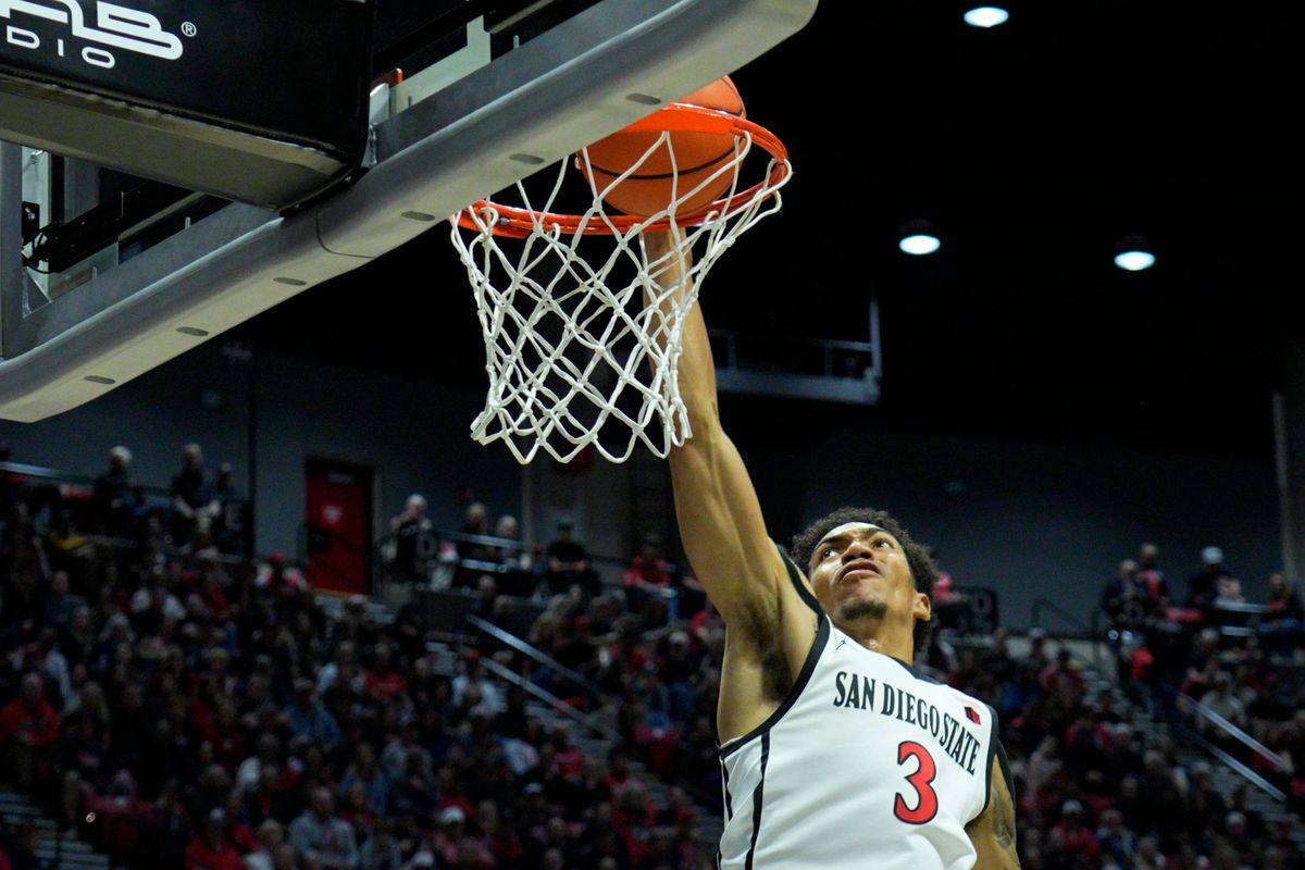 San Diego State guard Elzie Harrington (3) dunks during an NCAA Basketball game against Long Beach State, Tuesday November 4, 2025 in San Diego, Calif. San Diego State guard Elzie Harrington (3) dunks during an NCAA Basketball game against Long Beach State, Tuesday November 4, 2025 in San Diego, Calif.