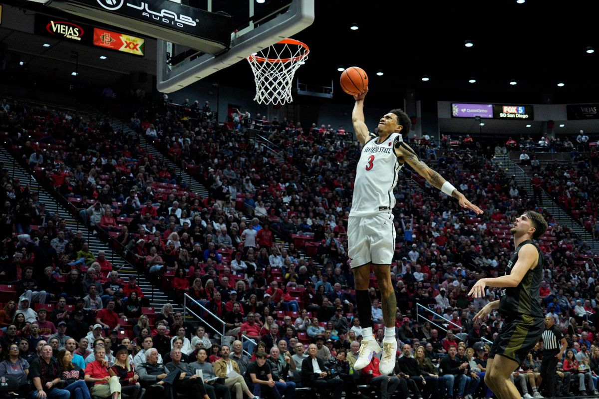 San Diego State guard Elzie Harrington (3) attempts a dunk during an NCAA Basketball game against Long Beach State, Tuesday November 4, 2025 in San Diego, Calif. San Diego State guard Elzie Harrington (3) attempts a dunk during an NCAA Basketball game against Long Beach State, Tuesday November 4, 2025 in San Diego, Calif.