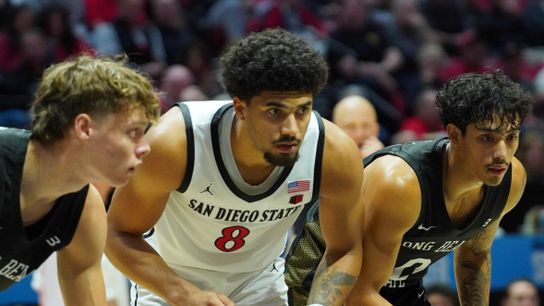 San Diego State forward Tae Simmons (8) waits to box out after a free throw an NCAA Basketball game against Long Beach State, Tuesday November 4, 2025 in San Diego, Calif. San Diego State forward Tae Simmons (8) waits to box out after a free throw an NCAA Basketball game against Long Beach State, Tuesday November 4, 2025 in San Diego, Calif.