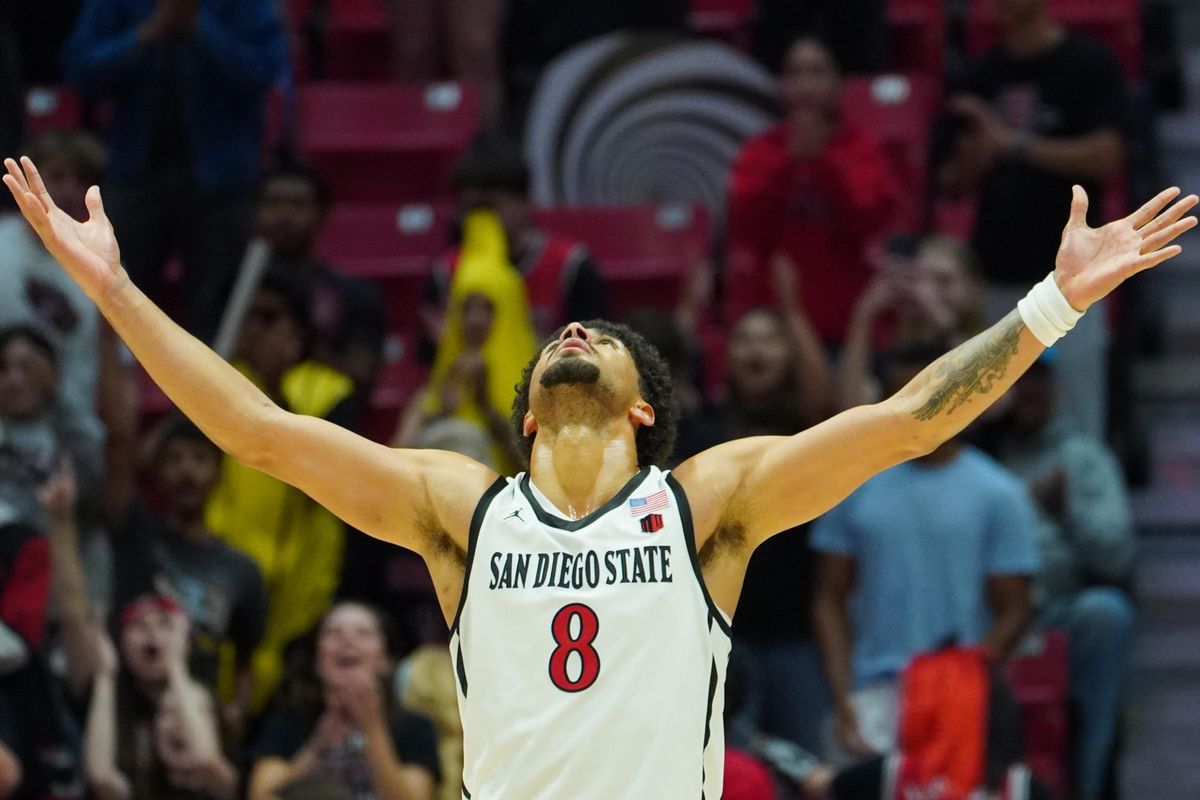 San Diego State forward Tae Simmons (8) celebrates after a win during an NCAA Basketball game against Long Beach State, Tuesday November 4, 2025 in San Diego, Calif. San Diego State forward Tae Simmons (8) celebrates after a win during an NCAA Basketball game against Long Beach State, Tuesday November 4, 2025 in San Diego, Calif.