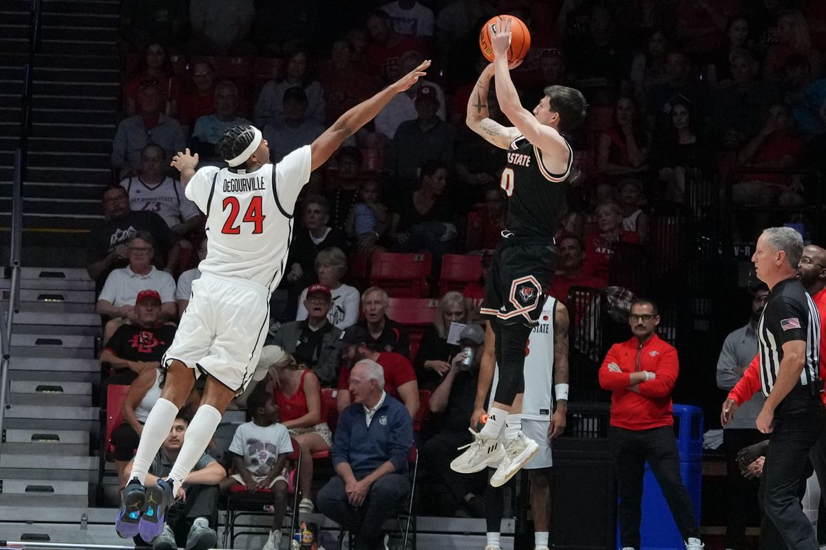 Idaho State point guard Gus Etchison (0) shoots a three during an NCAA basketball game against SDSU, Sunday November 09, 2025 in San Diego, California. Idaho State point guard Gus Etchison (0) shoots a three during an NCAA basketball game against SDSU, Sunday November 09, 2025 in San Diego, California.