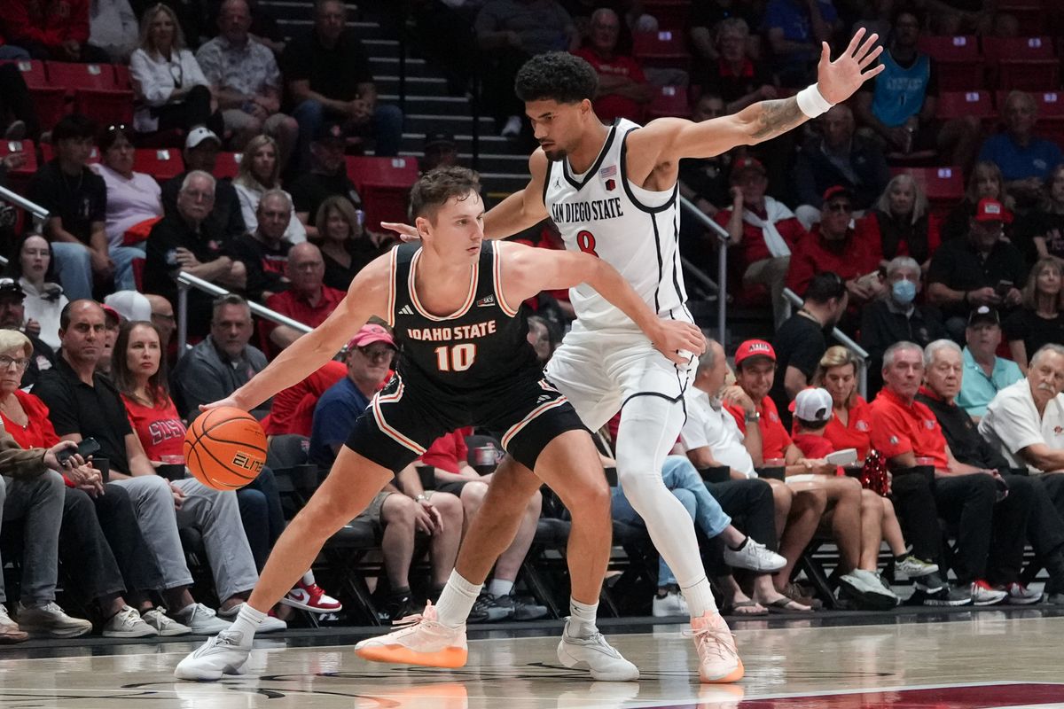 Idaho State forward Connor Hollenbeck (10) dribbles the ball during an NCAA basketball game against SDSU, Sunday November 09, 2025 in San Diego, California. Idaho State forward Connor Hollenbeck (10) dribbles the ball during an NCAA basketball game against SDSU, Sunday November 09, 2025 in San Diego, California.
