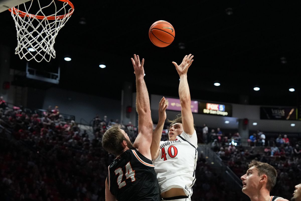SDSU forward Miles Heide (40) shoots the ball during an NCAA basketball game against Idaho State, Sunday November 09, 2025 in San Diego, California. SDSU forward Miles Heide (40) shoots the ball during an NCAA basketball game against Idaho State, Sunday November 09, 2025 in San Diego, California.