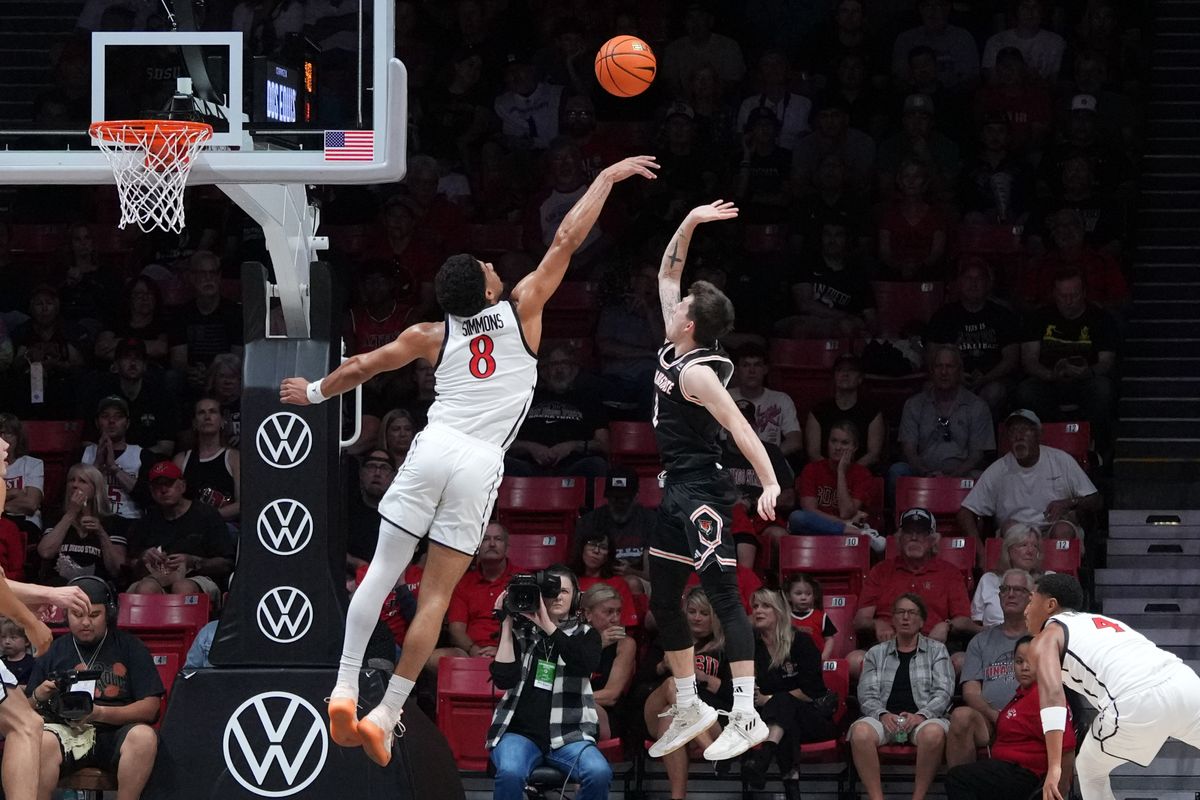 SDSU forward Tae Simmons (8) blocks the ball during an NCAA basketball game against Idaho State, Sunday November 09, 2025 in San Diego, California. SDSU forward Tae Simmons (8) blocks the ball during an NCAA basketball game against Idaho State, Sunday November 09, 2025 in San Diego, California.