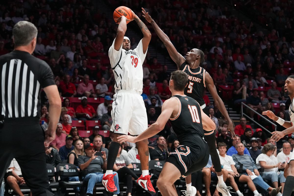 SDSU guard Reese Dixon-Waters (39) shoots the ball during an NCAA basketball game against Idaho State, Sunday November 09, 2025 in San Diego, California. SDSU guard Reese Dixon-Waters (39) shoots the ball during an NCAA basketball game against Idaho State, Sunday November 09, 2025 in San Diego, California.