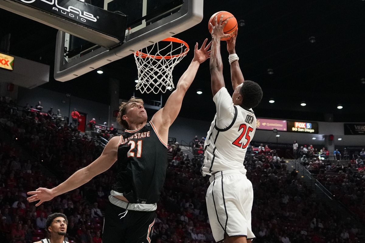 SDSU forward Jeremiah Oden (25) dunks the ball during an NCAA basketball game against Idaho State, Sunday November 09, 2025 in San Diego, California. SDSU forward Jeremiah Oden (25) dunks the ball during an NCAA basketball game against Idaho State, Sunday November 09, 2025 in San Diego, California.