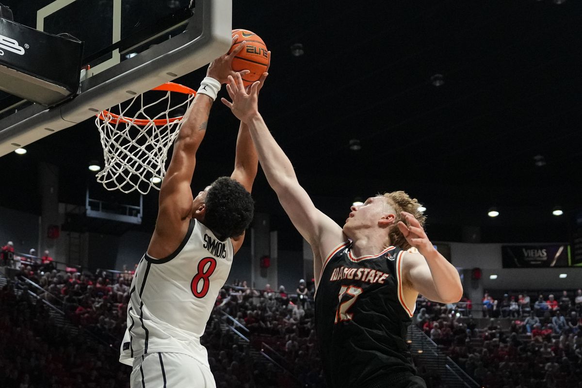 SDSU forward Tae Simmons (8) dunks the ball during an NCAA basketball game against Idaho State, Sunday November 09, 2025 in San Diego, California. SDSU forward Tae Simmons (8) dunks the ball during an NCAA basketball game against Idaho State, Sunday November 09, 2025 in San Diego, California.