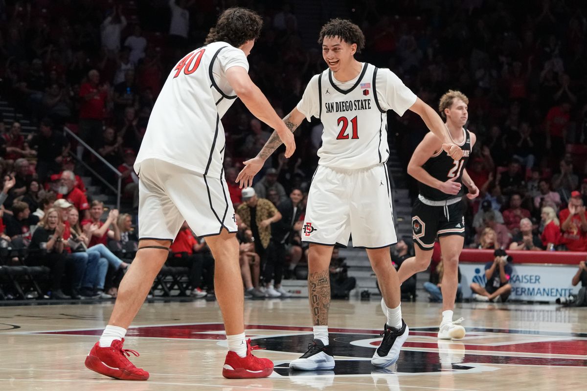 SDSU guard Miles Byrd (21) and SDSU forward Miles Heide (40) celebrate after scoring a basket during an NCAA basketball game against Idaho State, Sunday November 09, 2025 in San Diego, California. SDSU guard Miles Byrd (21) and SDSU forward Miles Heide (40) celebrate after scoring a basket during an NCAA basketball game against Idaho State, Sunday November 09, 2025 in San Diego, California.