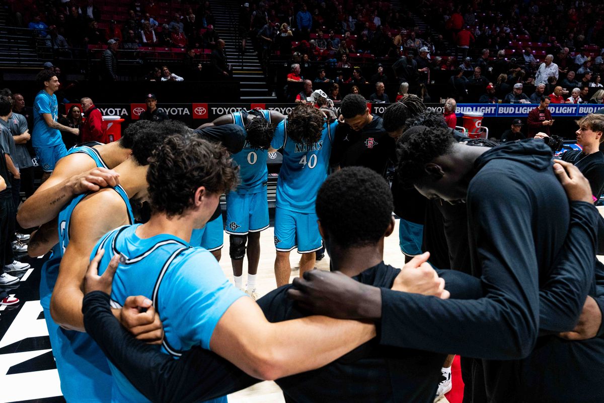 San Diego State players huddle before an NCAA Basketball game against Troy, Tuesday November 18, 2025 at Viejas Arena in San Diego, Calif. San Diego State players huddle before an NCAA Basketball game against Troy, Tuesday November 18, 2025 at Viejas Arena in San Diego, Calif.