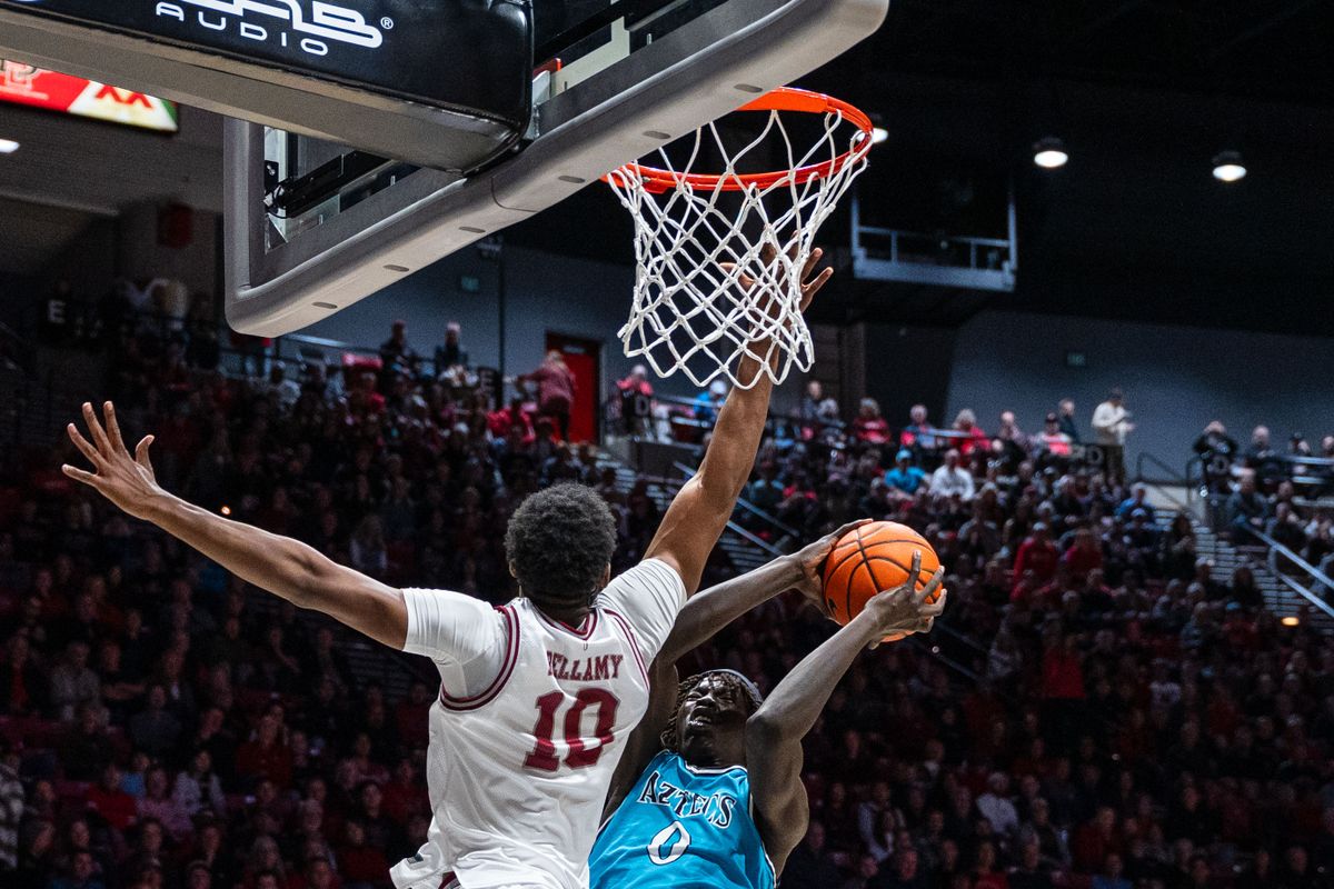 San Diego State forward Magoon Gwath (0) is fouled on a layup during an NCAA Basketball game against Troy, Tuesday November 18, 2025 at Viejas Arena in San Diego, Calif. San Diego State forward Magoon Gwath (0) is fouled on a layup during an NCAA Basketball game against Troy, Tuesday November 18, 2025 at Viejas Arena in San Diego, Calif.