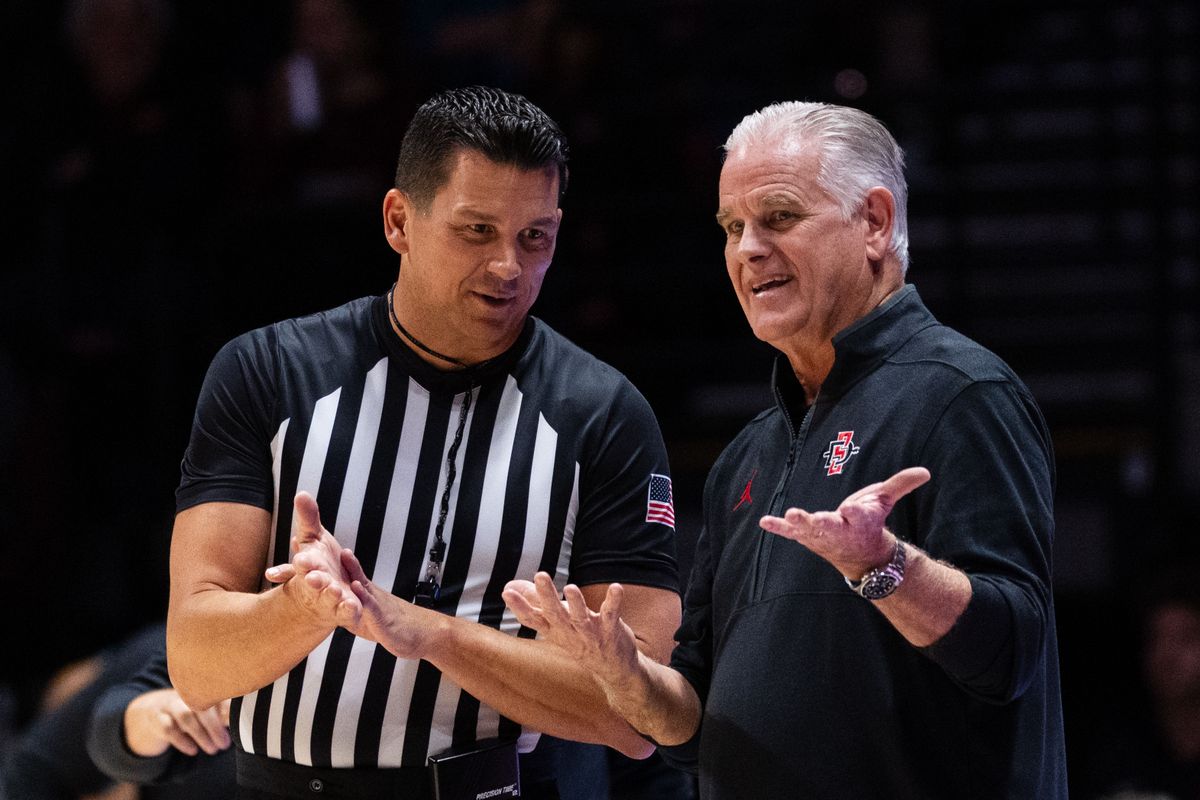 San Diego State Head Coach Brian Dutcher argues with an official during an NCAA Basketball game against Troy, Tuesday November 18, 2025 at Viejas Arena in San Diego, Calif. San Diego State Head Coach Brian Dutcher argues with an official during an NCAA Basketball game against Troy, Tuesday November 18, 2025 at Viejas Arena in San Diego, Calif.