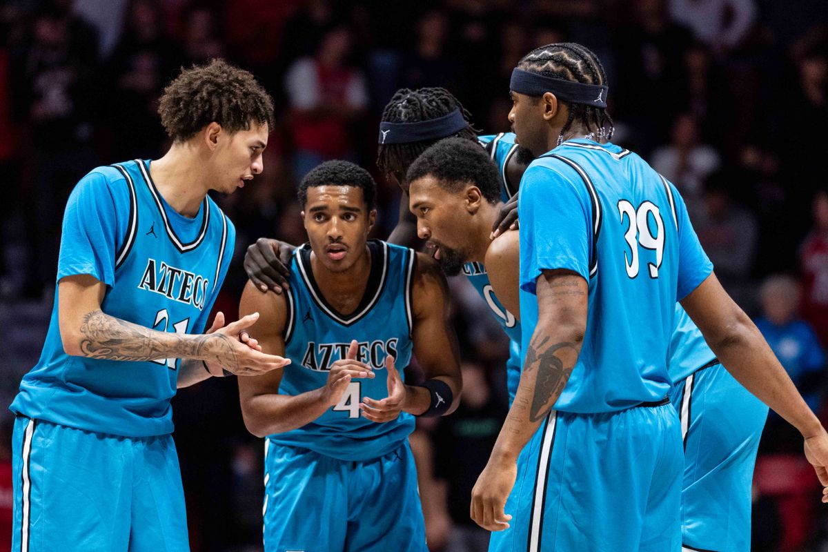 San Diego State players huddle before free throws during an NCAA Basketball game against Troy, Tuesday November 18, 2025 at Viejas Arena in San Diego, Calif. San Diego State players huddle before free throws during an NCAA Basketball game against Troy, Tuesday November 18, 2025 at Viejas Arena in San Diego, Calif.