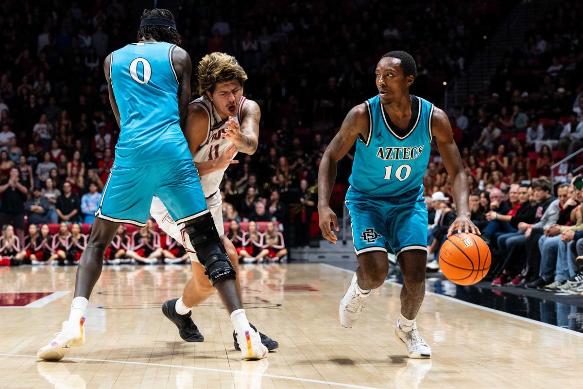 San Diego State forward Magoon Gwath (0) sets a screen for guard BJ Davis (10) during an NCAA Basketball game against Troy, Tuesday November 18, 2025 at Viejas Arena in San Diego, Calif. San Diego State forward Magoon Gwath (0) sets a screen for guard BJ Davis (10) during an NCAA Basketball game against Troy, Tuesday November 18, 2025 at Viejas Arena in San Diego, Calif.