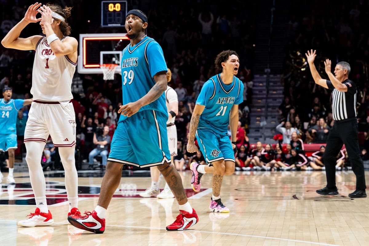 San Diego State guard Miles Byrd (21) reacts to hitting a game tying shot from half court during an NCAA Basketball game against Troy, Tuesday November 18, 2025 at Viejas Arena in San Diego, Calif. San Diego State guard Miles Byrd (21) reacts to hitting a game tying shot from half court during an NCAA Basketball game against Troy, Tuesday November 18, 2025 at Viejas Arena in San Diego, Calif.
