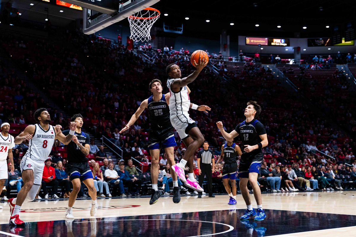 San Diego State guard BJ Davis (10) attempts a layup during an NCAA Basketball game between Whittier and San Diego State, Monday December 22, 2025 at Viejas Arena in San Diego, Calif. San Diego State guard BJ Davis (10) attempts a layup during an NCAA Basketball game between Whittier and San Diego State, Monday December 22, 2025 at Viejas Arena in San Diego, Calif.