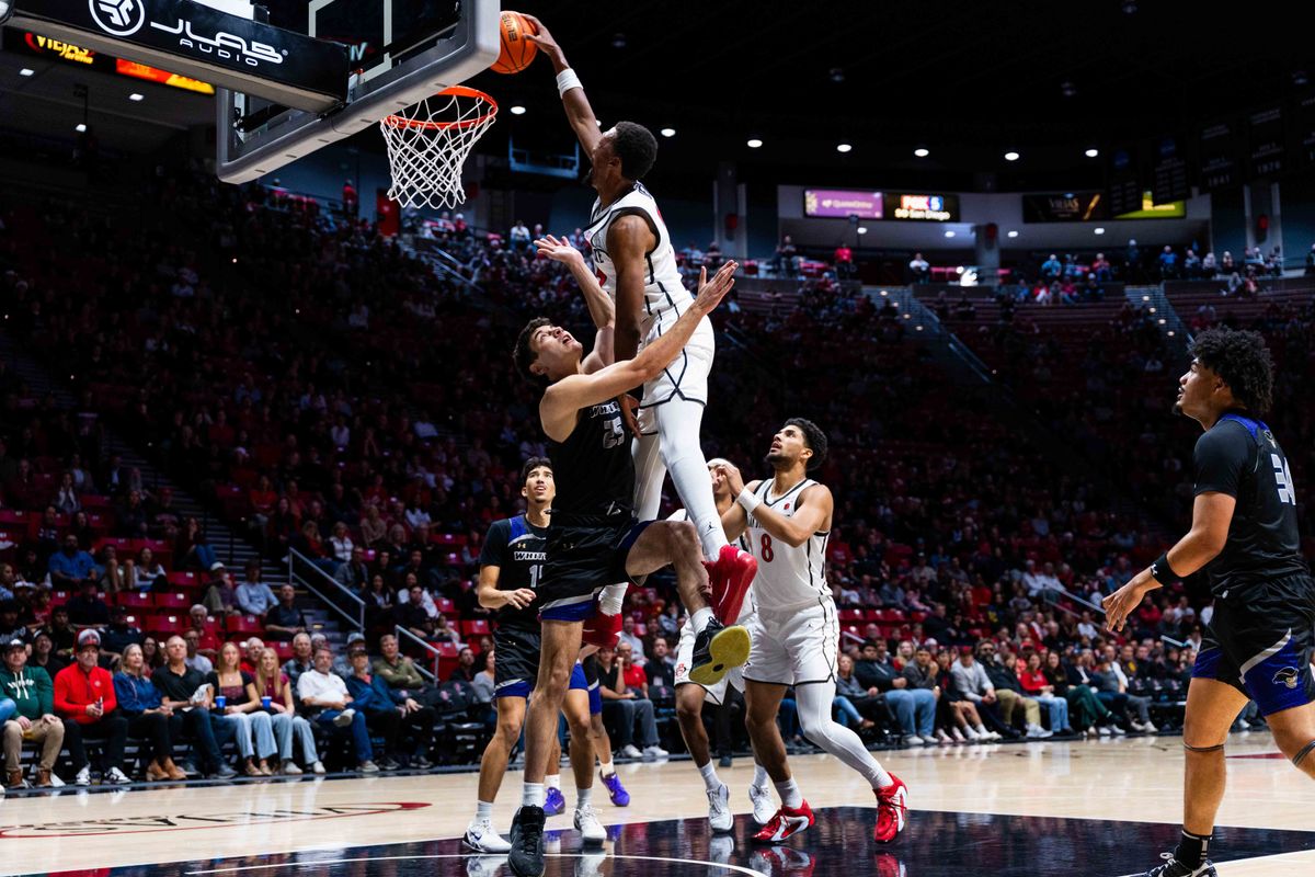San Diego State forward Jeremiah Oden (25) dunks over Whittier center Bernardo Zappia (25) during an NCAA Basketball game between Whittier and San Diego State, Monday December 22, 2025 at Viejas Arena in San Diego, Calif. San Diego State forward Jeremiah Oden (25) dunks over Whittier center Bernardo Zappia (25) during an NCAA Basketball game between Whittier and San Diego State, Monday December 22, 2025 at Viejas Arena in San Diego, Calif.