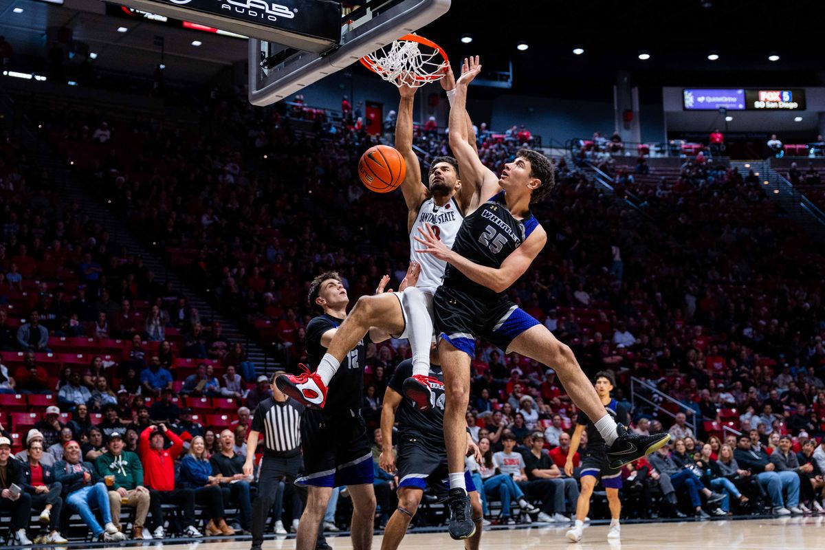 San Diego State forward Tae Simmons (8) dunks during an NCAA Basketball game between Whittier and San Diego State, Monday December 22, 2025 at Viejas Arena in San Diego, Calif. San Diego State forward Tae Simmons (8) dunks during an NCAA Basketball game between Whittier and San Diego State, Monday December 22, 2025 at Viejas Arena in San Diego, Calif.