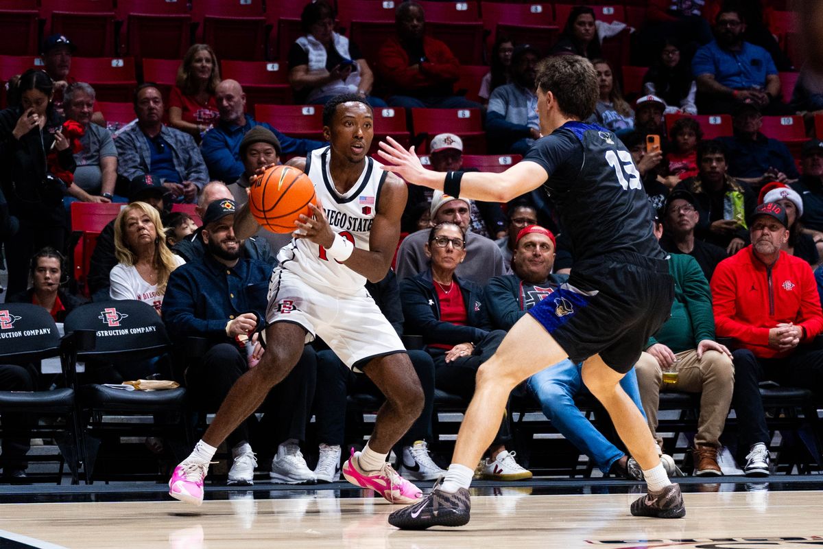 San Diego State guard BJ Davis (10) holds the ball during an NCAA Basketball game between Whittier and San Diego State, Monday December 22, 2025 at Viejas Arena in San Diego, Calif. San Diego State guard BJ Davis (10) holds the ball during an NCAA Basketball game between Whittier and San Diego State, Monday December 22, 2025 at Viejas Arena in San Diego, Calif.
