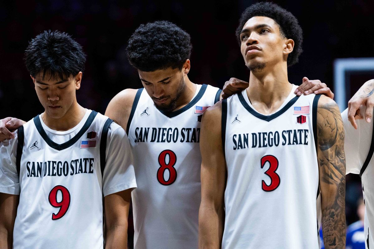 San Diego State forward Tae Simmons (8) stands with guard Elzie Harrington (3) and guard Raymar Gonzales (9) before an NCAA Basketball game between Whittier and San Diego State, Monday December 22, 2025 at Viejas Arena in San Diego, Calif. San Diego State forward Tae Simmons (8) stands with guard Elzie Harrington (3) and guard Raymar Gonzales (9) before an NCAA Basketball game between Whittier and San Diego State, Monday December 22, 2025 at Viejas Arena in San Diego, Calif.