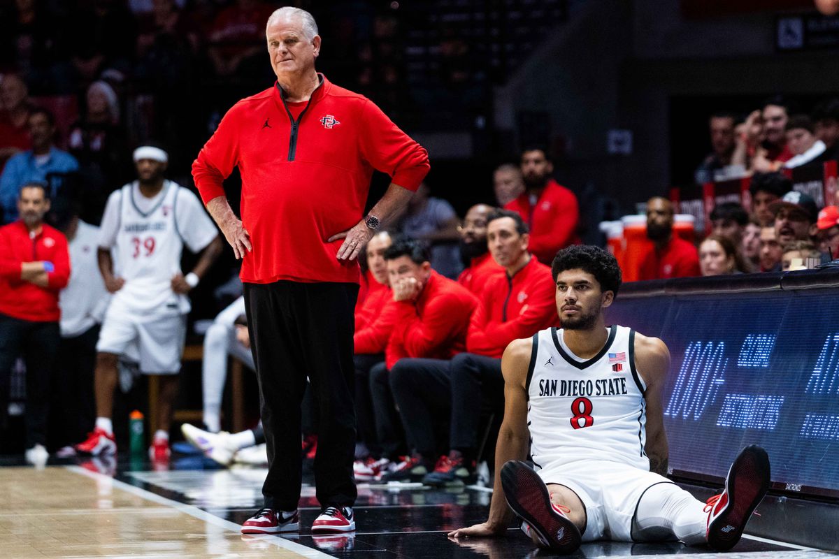 San Diego State forward Tae Simmons (8) sits next to San Diego State Head Coach Brian Dutcher during an NCAA Basketball game between Whittier and San Diego State, Monday December 22, 2025 at Viejas Arena in San Diego, Calif. San Diego State forward Tae Simmons (8) sits next to San Diego State Head Coach Brian Dutcher during an NCAA Basketball game between Whittier and San Diego State, Monday December 22, 2025 at Viejas Arena in San Diego, Calif.