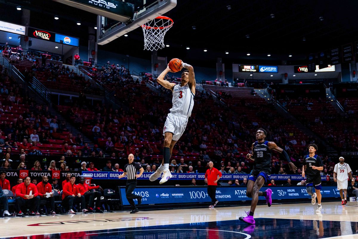 San Diego State guard Elzie Harrington (3) attempts a dunk an NCAA Basketball game between Whittier and San Diego State, Monday December 22, 2025 at Viejas Arena in San Diego, Calif. San Diego State guard Elzie Harrington (3) attempts a dunk an NCAA Basketball game between Whittier and San Diego State, Monday December 22, 2025 at Viejas Arena in San Diego, Calif.