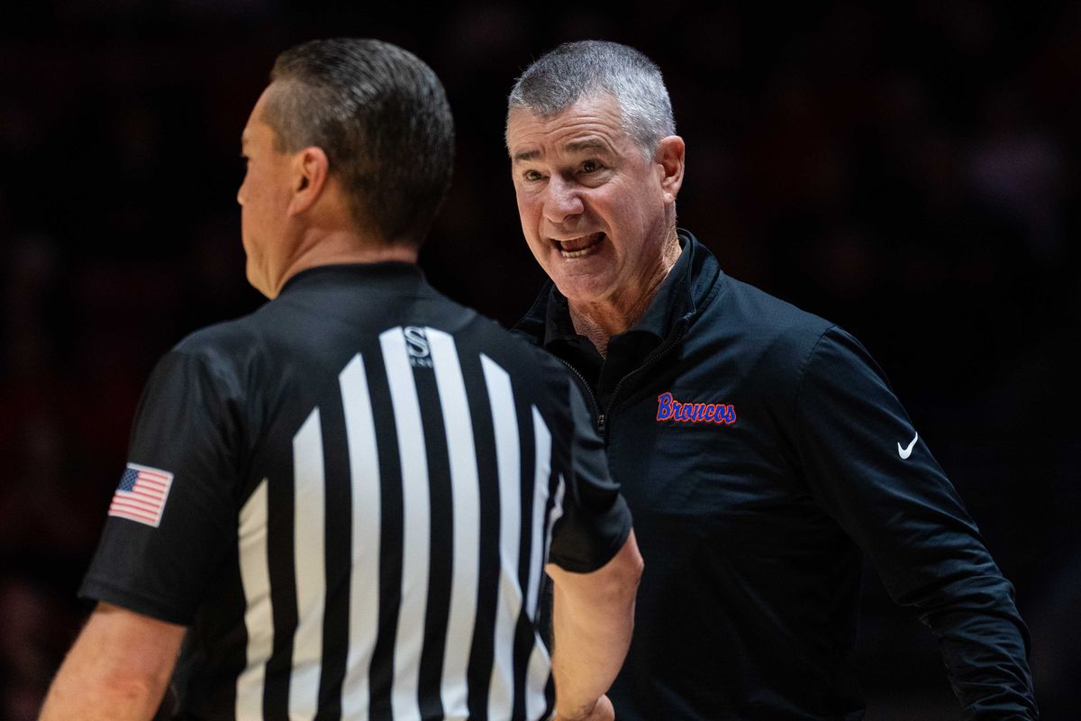 Boise State Head Coach Leon Rice yells at an official during an NCAA Basketball game between Boise State and San Diego State, Saturday January 3, 2026 at Viejas Arena in San Diego, Calif. Boise State Head Coach Leon Rice yells at an official during an NCAA Basketball game between Boise State and San Diego State, Saturday January 3, 2026 at Viejas Arena in San Diego, Calif.