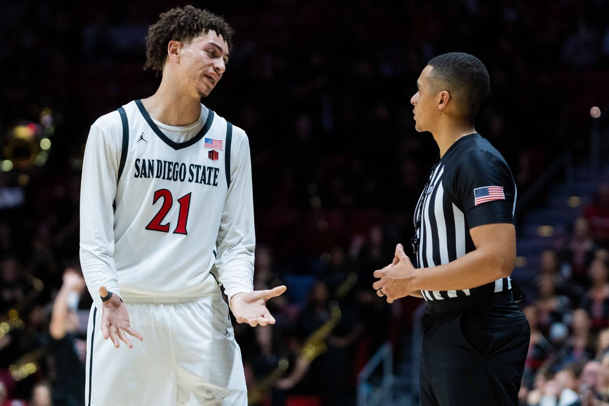 San Diego State guard Miles Byrd (21) talks to a referee during an NCAA Basketball game between Boise State and San Diego State, Saturday January 3, 2026 at Viejas Arena in San Diego, Calif. San Diego State guard Miles Byrd (21) talks to a referee during an NCAA Basketball game between Boise State and San Diego State, Saturday January 3, 2026 at Viejas Arena in San Diego, Calif.