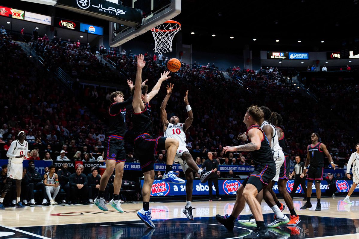 San Diego State guard BJ Davis (10) takes a shot during an NCAA Basketball game between Boise State and San Diego State, Saturday January 3, 2026 at Viejas Arena in San Diego, Calif. San Diego State guard BJ Davis (10) takes a shot during an NCAA Basketball game between Boise State and San Diego State, Saturday January 3, 2026 at Viejas Arena in San Diego, Calif.