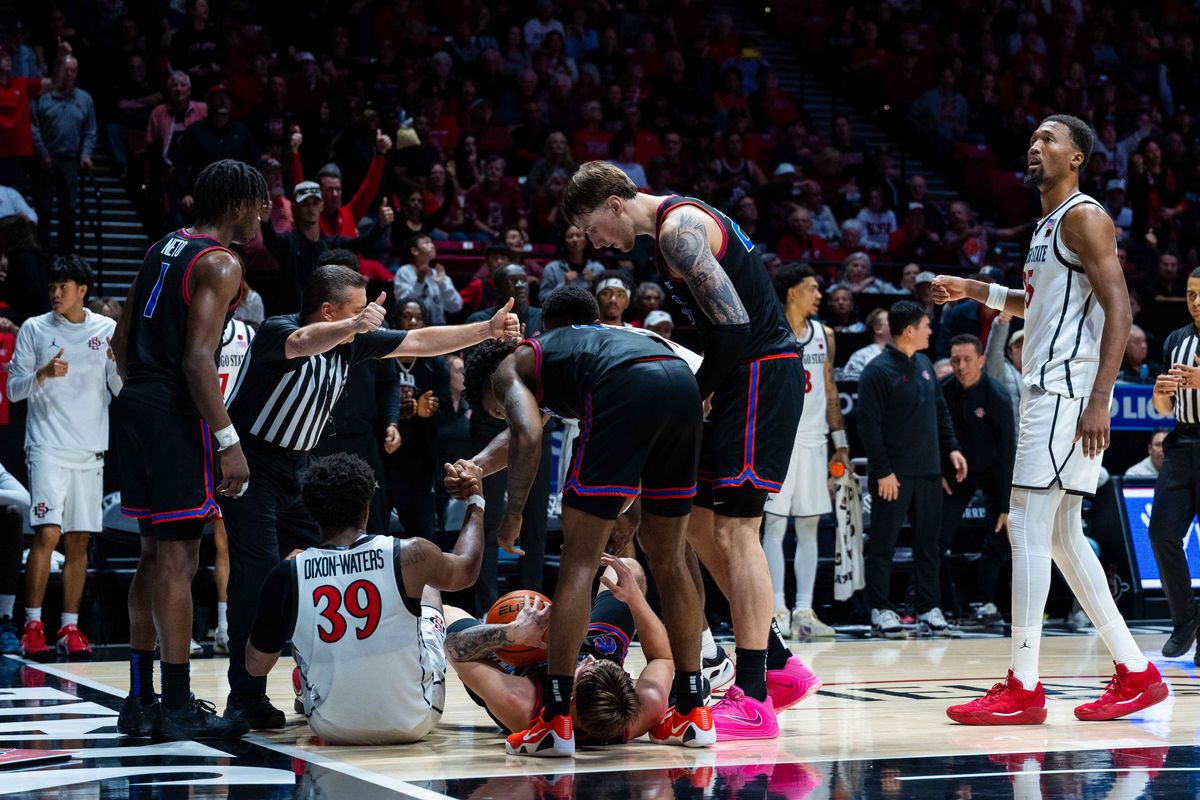 A referee signals a jump ball during an NCAA Basketball game between Boise State and San Diego State, Saturday January 3, 2026 at Viejas Arena in San Diego, Calif. A referee signals a jump ball during an NCAA Basketball game between Boise State and San Diego State, Saturday January 3, 2026 at Viejas Arena in San Diego, Calif.