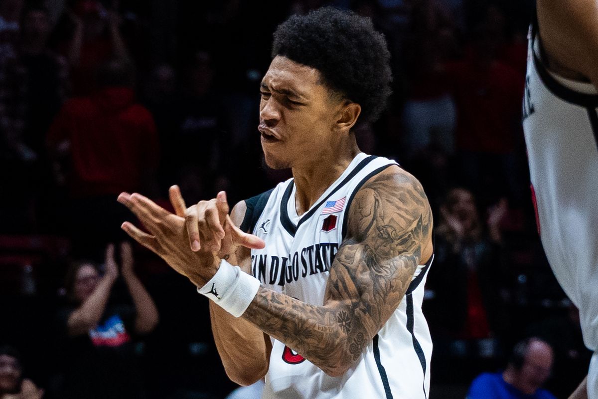 San Diego State guard Elzie Harrington (3) reacts to making a big play during an NCAA Basketball game between Boise State and San Diego State, Saturday January 3, 2026 at Viejas Arena in San Diego, Calif. San Diego State guard Elzie Harrington (3) reacts to making a big play during an NCAA Basketball game between Boise State and San Diego State, Saturday January 3, 2026 at Viejas Arena in San Diego, Calif.