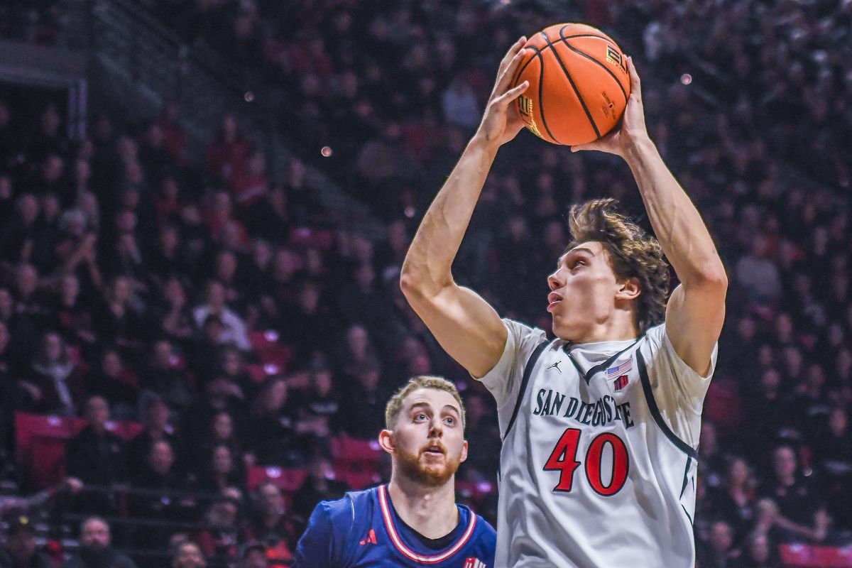 SDSU Miles Heide (40) prepares to shoot during an NCAA men’s basketball game against Fresno State. Saturday January 10, 2026 in San Diego, California. SDSU Miles Heide (40) prepares to shoot during an NCAA men’s basketball game against Fresno State. Saturday January 10, 2026 in San Diego, California.