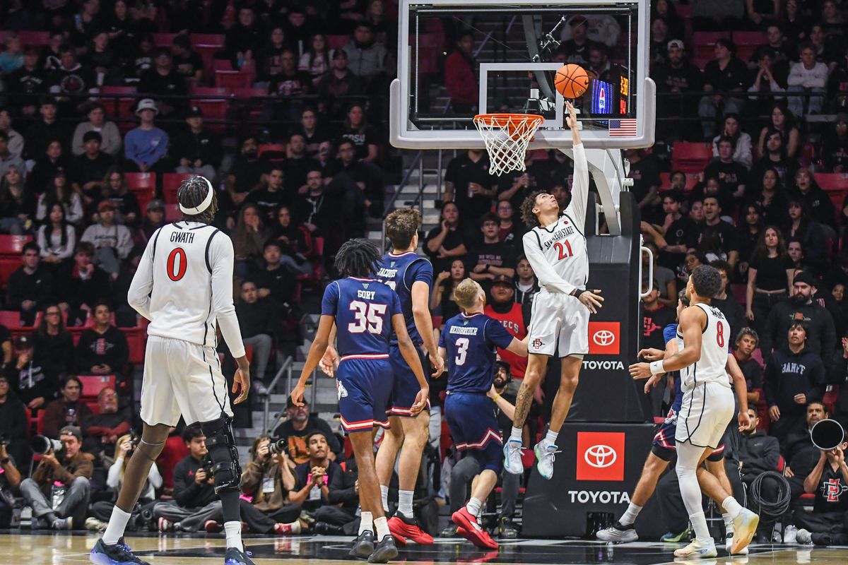 SDSU Miles Byrd (21) makes a reverse layup during an NCAA men’s basketball game against Fresno State. Saturday January 10, 2026 in San Diego, California. SDSU Miles Byrd (21) makes a reverse layup during an NCAA men’s basketball game against Fresno State. Saturday January 10, 2026 in San Diego, California.