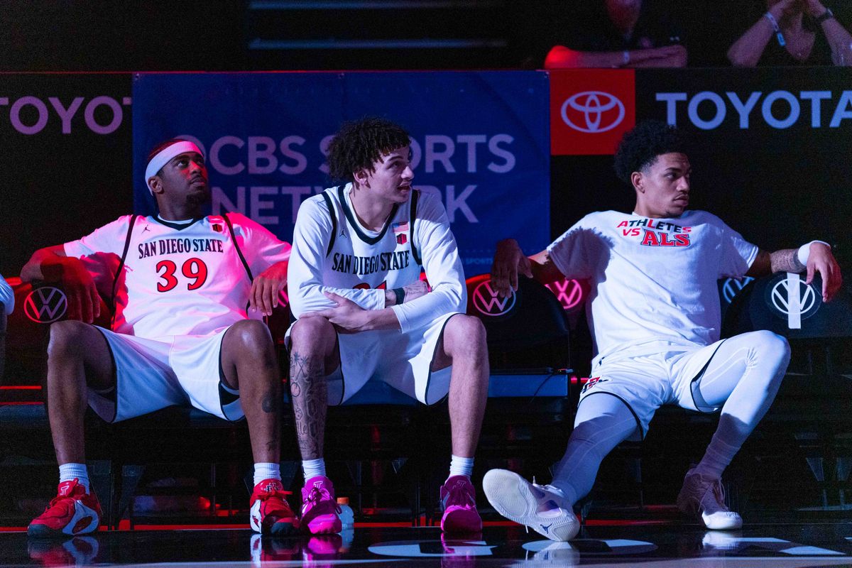 San Diego State guard Miles Byrd (21), guard Reese Dixon-Waters (39), and San Diego State guard Elzie Harrington (3) sit on the bench before an NCAA Basketball game between New Mexico and San Diego State, Saturday January 17, 2026 at Viejas Arena in San Diego, Calif. San Diego State guard Miles Byrd (21), guard Reese Dixon-Waters (39), and San Diego State guard Elzie Harrington (3) sit on the bench before an NCAA Basketball game between New Mexico and San Diego State, Saturday January 17, 2026 at Viejas Arena in San Diego, Calif.