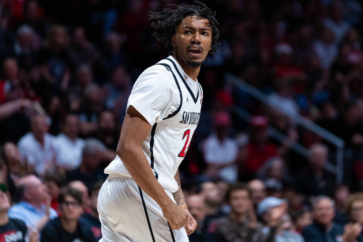 San Diego State guard Taj DeGourville (24) celebrates during an NCAA Basketball game between New Mexico and San Diego State, Saturday January 17, 2026 at Viejas Arena in San Diego, Calif. San Diego State guard Taj DeGourville (24) celebrates during an NCAA Basketball game between New Mexico and San Diego State, Saturday January 17, 2026 at Viejas Arena in San Diego, Calif.