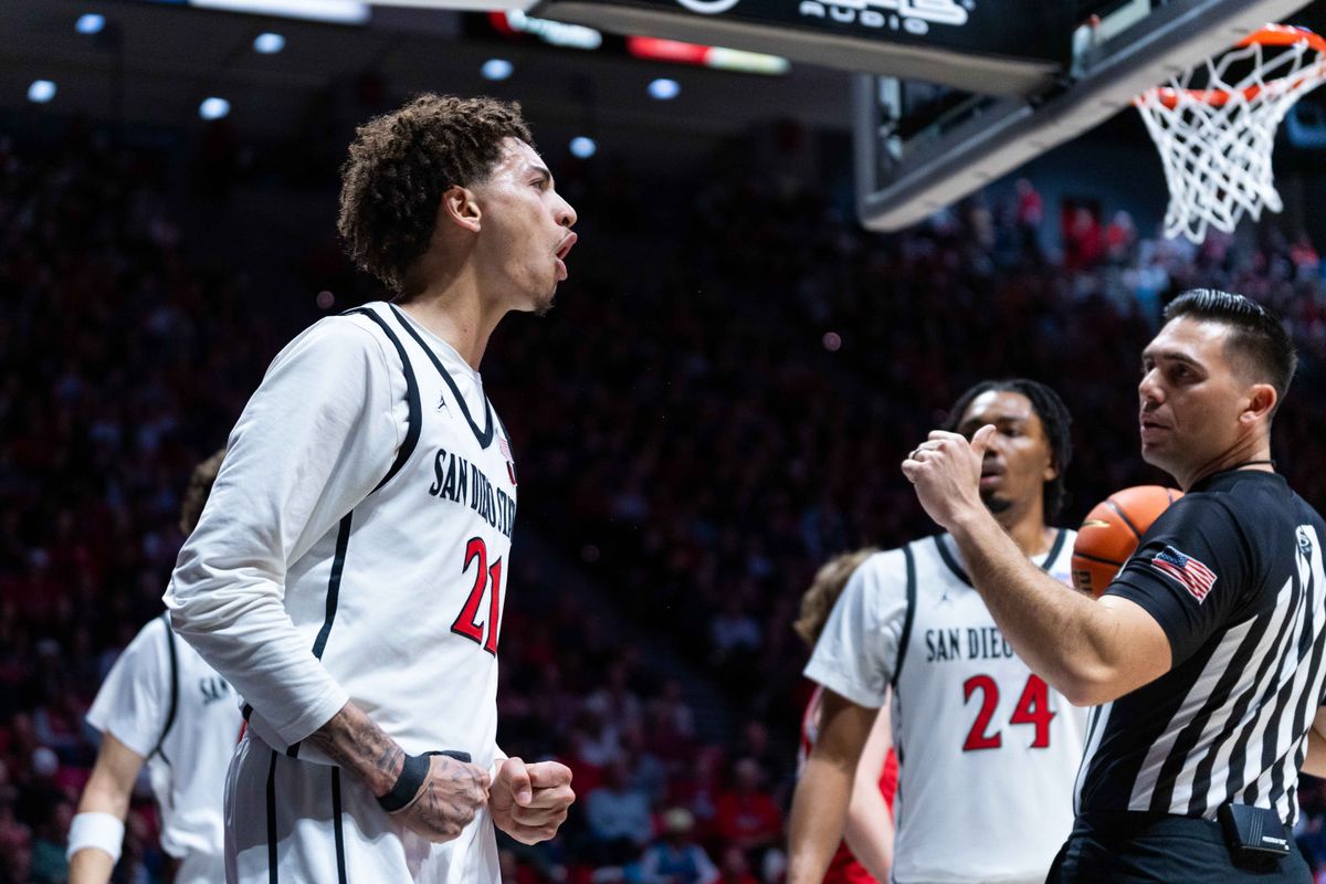 San Diego State guard Miles Byrd (21) reacts to being fouled during an NCAA Basketball game between New Mexico and San Diego State, Saturday January 17, 2026 at Viejas Arena in San Diego, Calif. San Diego State guard Miles Byrd (21) reacts to being fouled during an NCAA Basketball game between New Mexico and San Diego State, Saturday January 17, 2026 at Viejas Arena in San Diego, Calif.