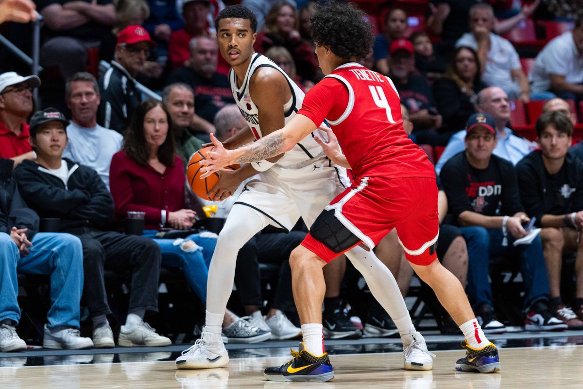 San Diego State guard Sean Newman Jr. (4) looks to pass during an NCAA Basketball game between New Mexico and San Diego State, Saturday January 17, 2026 at Viejas Arena in San Diego, Calif. San Diego State guard Sean Newman Jr. (4) looks to pass during an NCAA Basketball game between New Mexico and San Diego State, Saturday January 17, 2026 at Viejas Arena in San Diego, Calif.