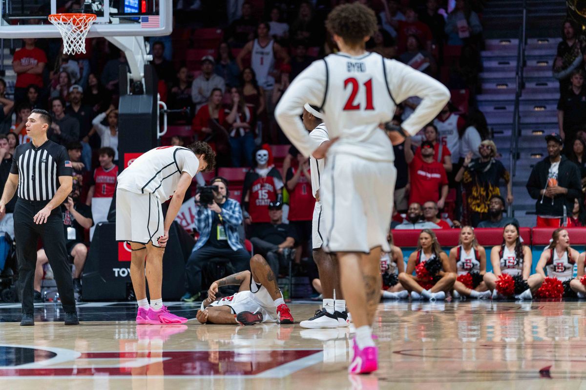 San Diego State guard Miles Byrd (21) looks on as guard Reese Dixon-Waters (39) lies injured during an NCAA Basketball game between New Mexico and San Diego State, Saturday January 17, 2026 at Viejas Arena in San Diego, Calif. San Diego State guard Miles Byrd (21) looks on as guard Reese Dixon-Waters (39) lies injured during an NCAA Basketball game between New Mexico and San Diego State, Saturday January 17, 2026 at Viejas Arena in San Diego, Calif.