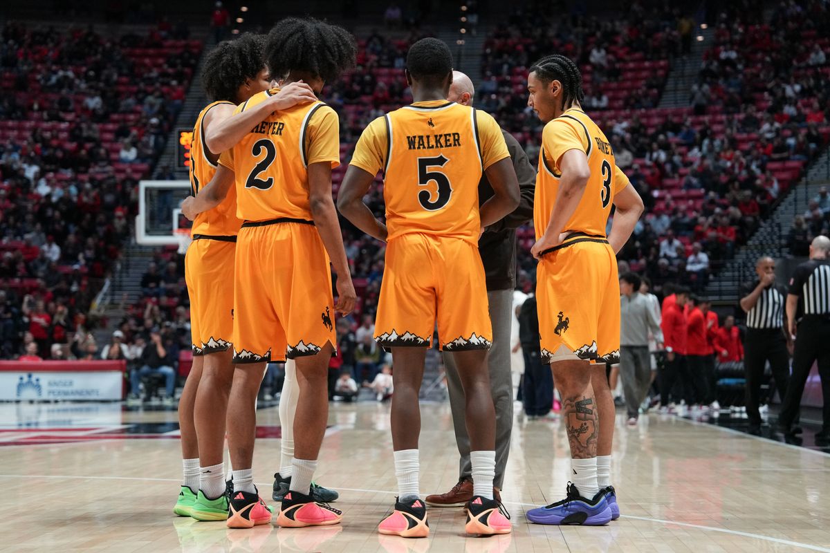 Wyoming players huddle up before an NCAA basketball game against SDSU, Tuesday February 03, 2026 in San Diego, California. Wyoming players huddle up before an NCAA basketball game against SDSU, Tuesday February 03, 2026 in San Diego, California.