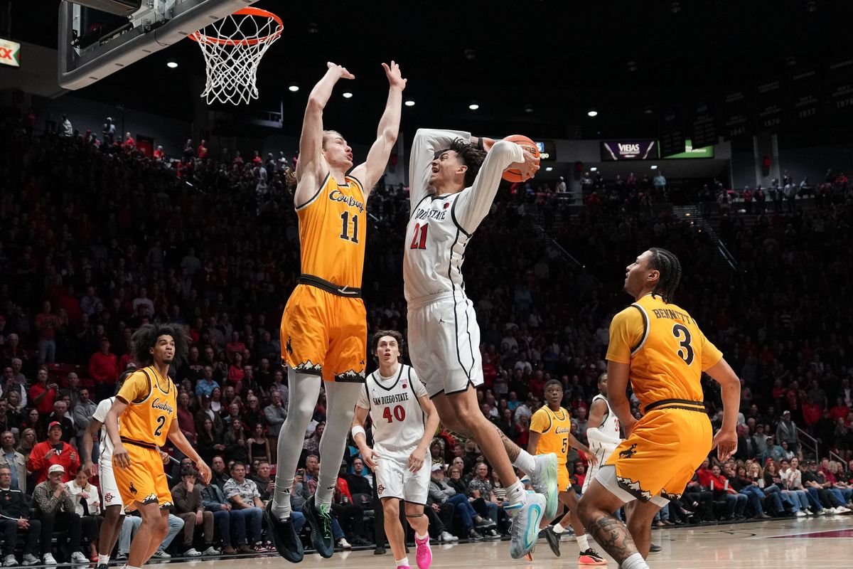 SDSU guard Miles Byrd (21) goes up for a layup during an NCAA basketball game against Wyoming, Tuesday February 03, 2026 in San Diego, California. SDSU guard Miles Byrd (21) goes up for a layup during an NCAA basketball game against Wyoming, Tuesday February 03, 2026 in San Diego, California.
